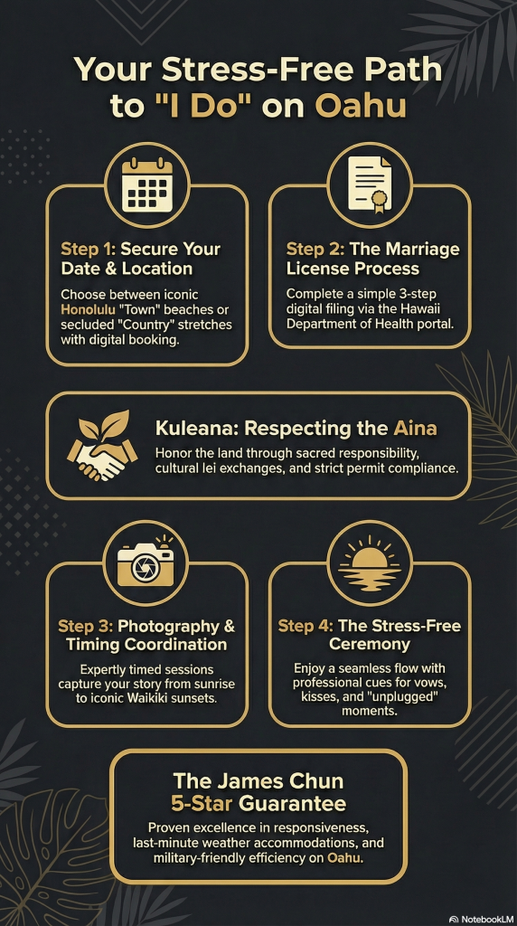 Infographic titled Oahu Wedding Planning Guide featuring steps for hiring a Hawaii wedding minister, including marriage license logistics, the concept of Kuleana, photography coordination, and ceremony sunset timing on the island of Oahu.