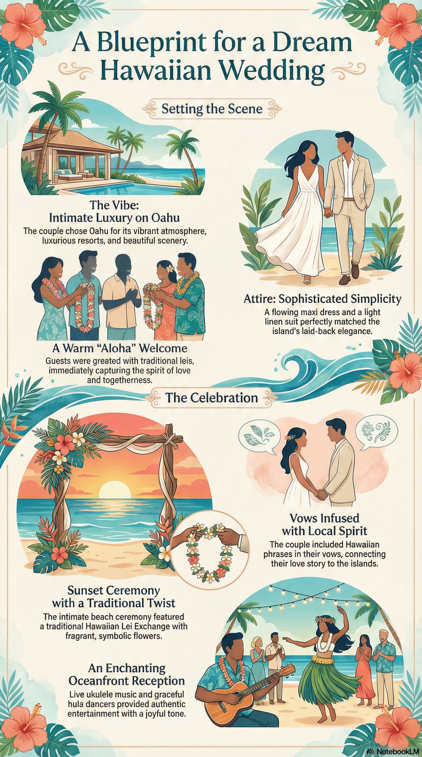 Infographic titled "A Blueprint for a Dream Hawaiian Wedding" illustrating a guide for engaged couples planning an intimate luxury wedding on Oahu. The graphic details six key elements: a luxury resort venue, sophisticated linen attire, traditional lei greetings, a sunset beach ceremony with a floral arch, vows using Hawaiian phrases, and an oceanfront reception featuring live ukulele music and hula dancers