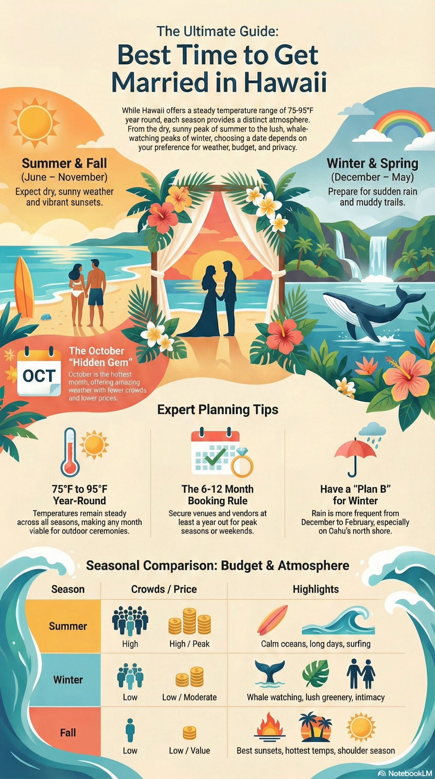 Infographic guide on the best time to get married in Hawaii, comparing Summer, Winter, Spring, and Fall for weather, crowds, and wedding venues.