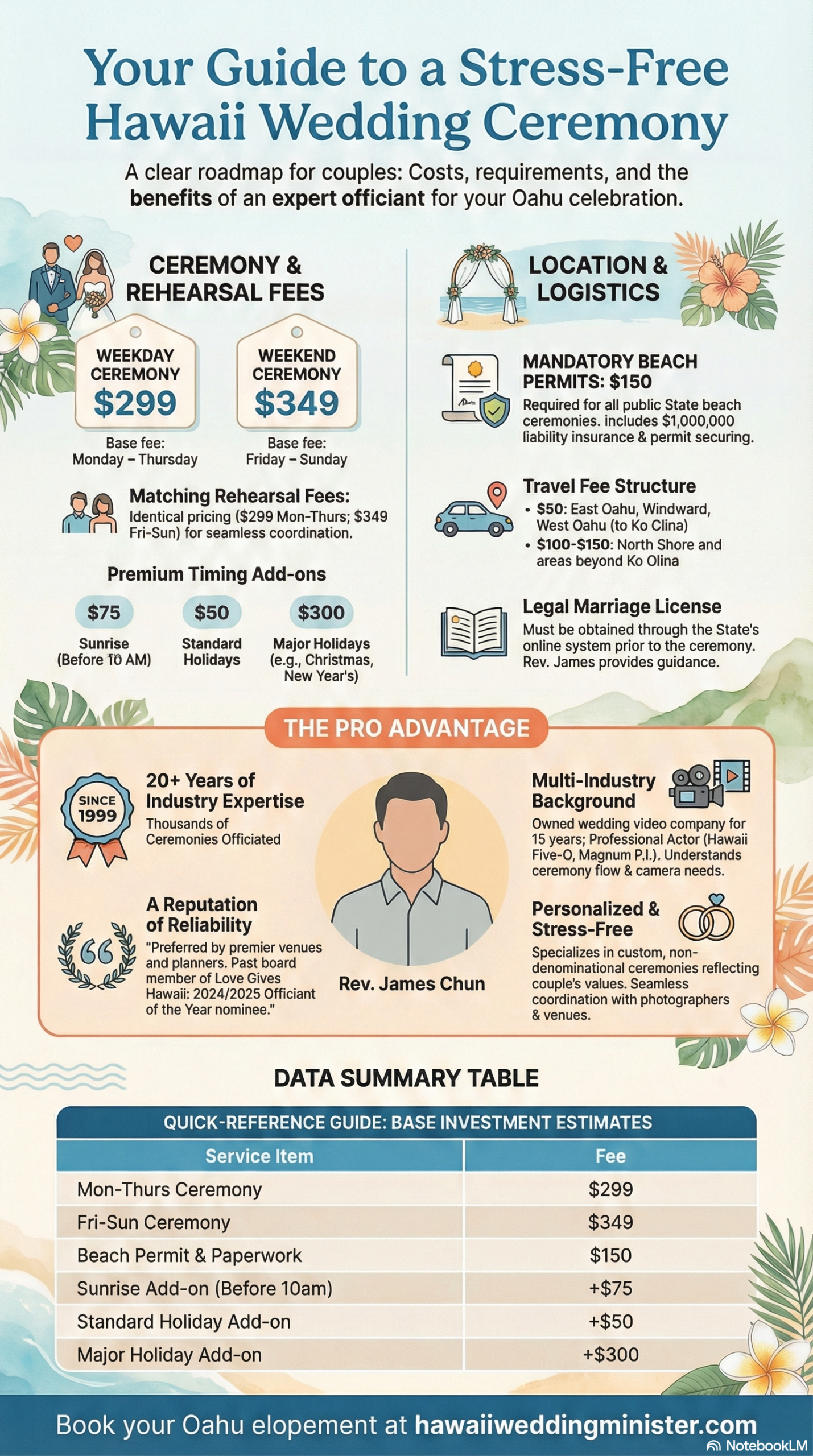 Infographic detailing Hawaii wedding officiant packages and pricing for 2026 by Rev. James Chun. Includes costs for Oahu beach ceremonies, elopements, and rehearsals, plus travel fees, permit requirements, and contact information for engaged couples planning a destination wedding in Honolulu