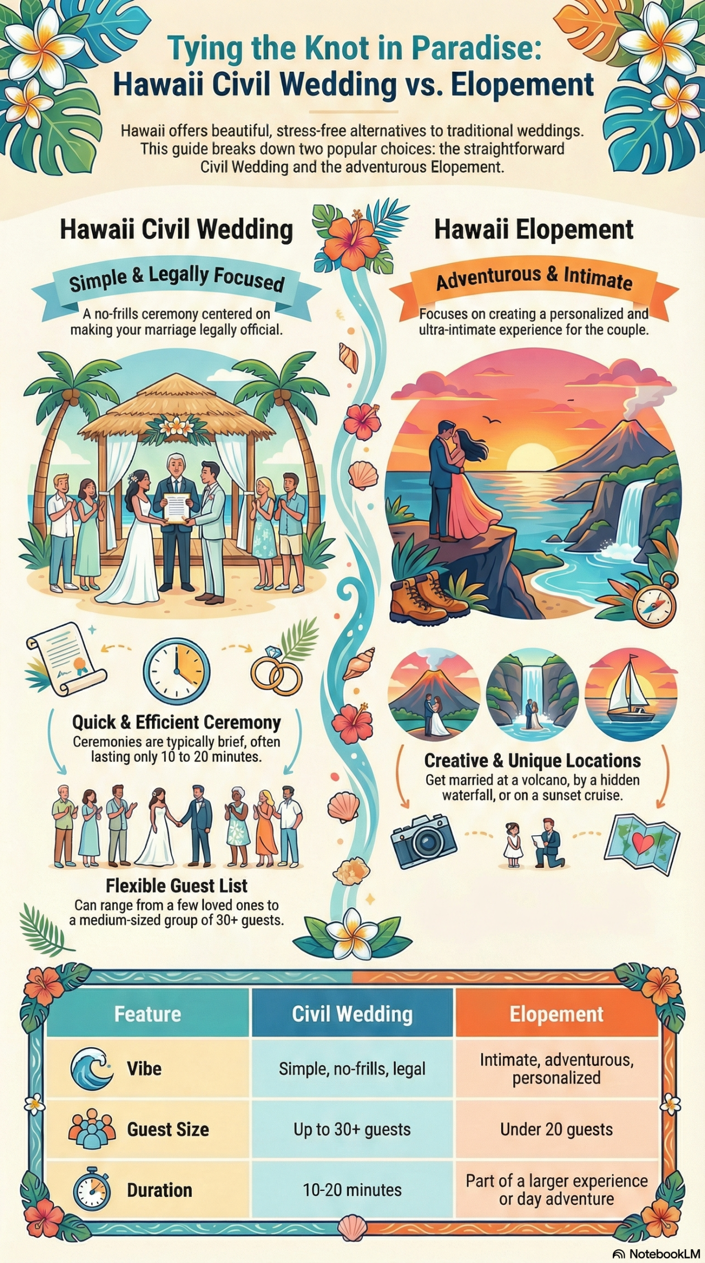 Comparison chart of Hawaii Civil Weddings versus Elopements showing differences in guest size, formality, location, cost, and time constraints for engaged couples.