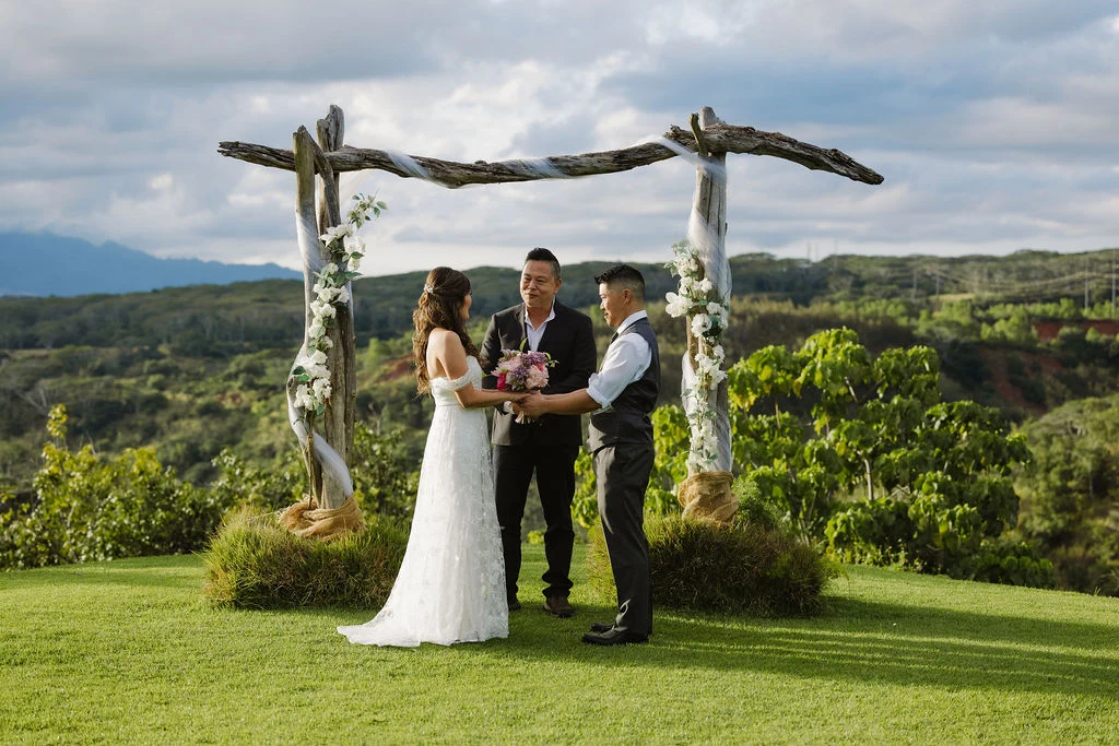 Outdoor wedding ceremony with scenic mountain views