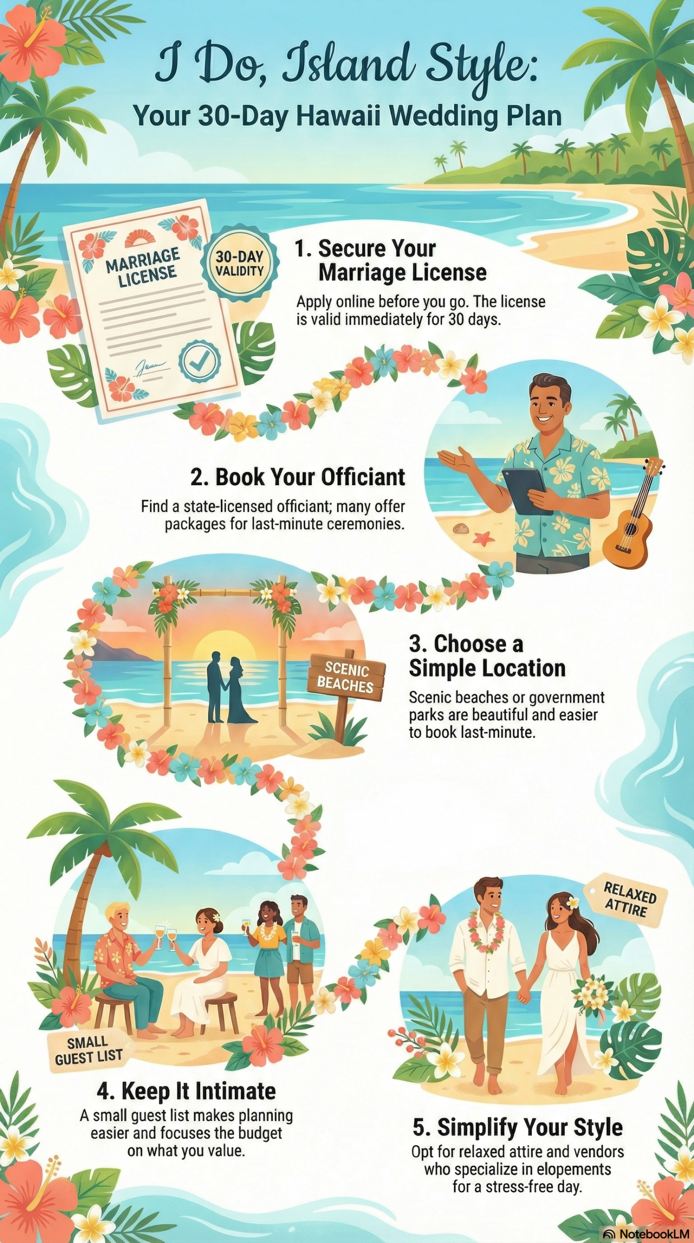 Infographic guide on how to plan a Hawaii civil wedding in under 30 days, covering marriage licenses, locations, and officiants.