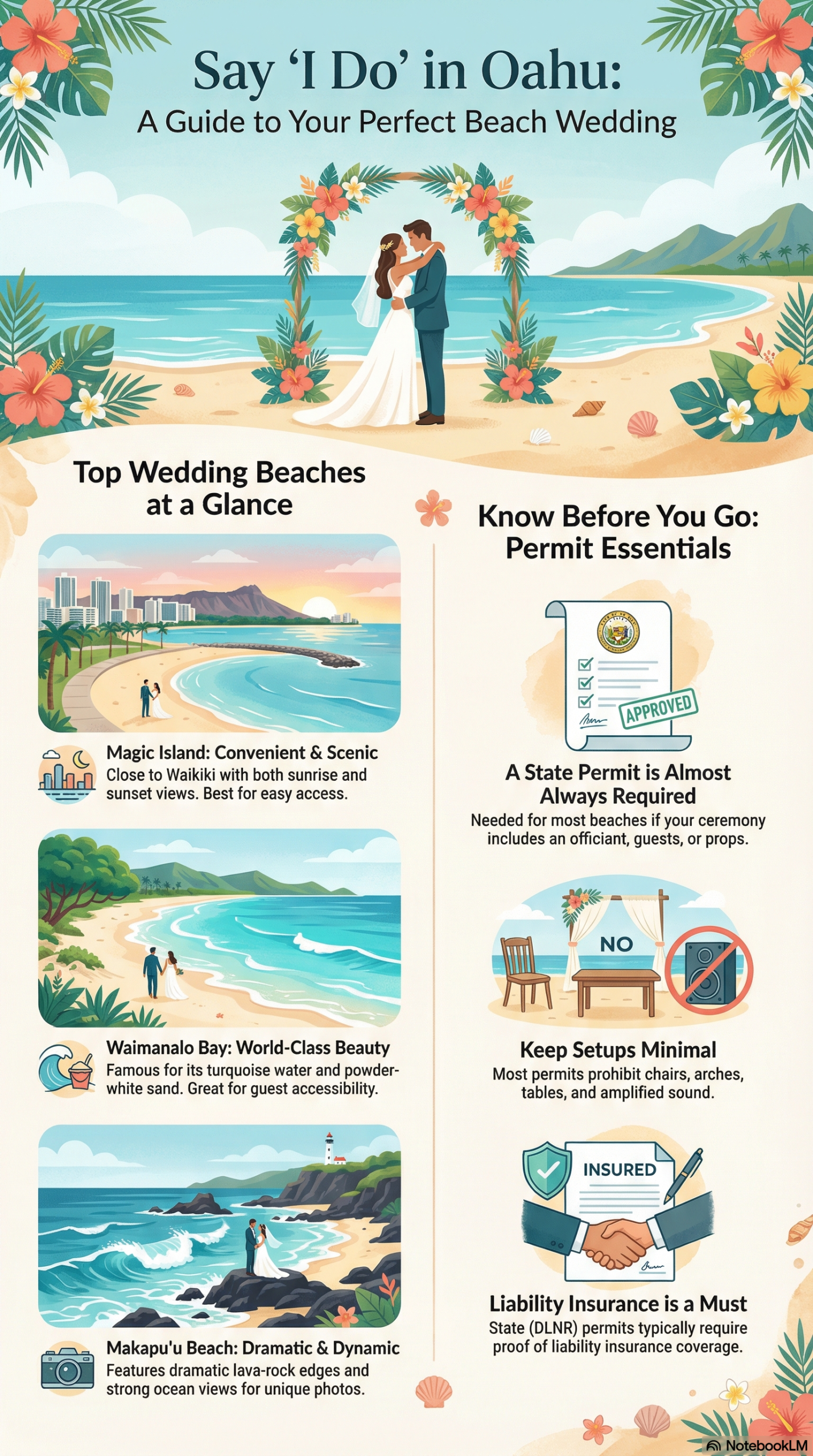 Infographic guide for the Best Oahu Beach Wedding Locations featuring Magic Island, Waimanalo Bay, and Makapu'u Beach, alongside essential Hawaii beach permit rules, liability insurance requirements, and ceremony restrictions for engaged couples