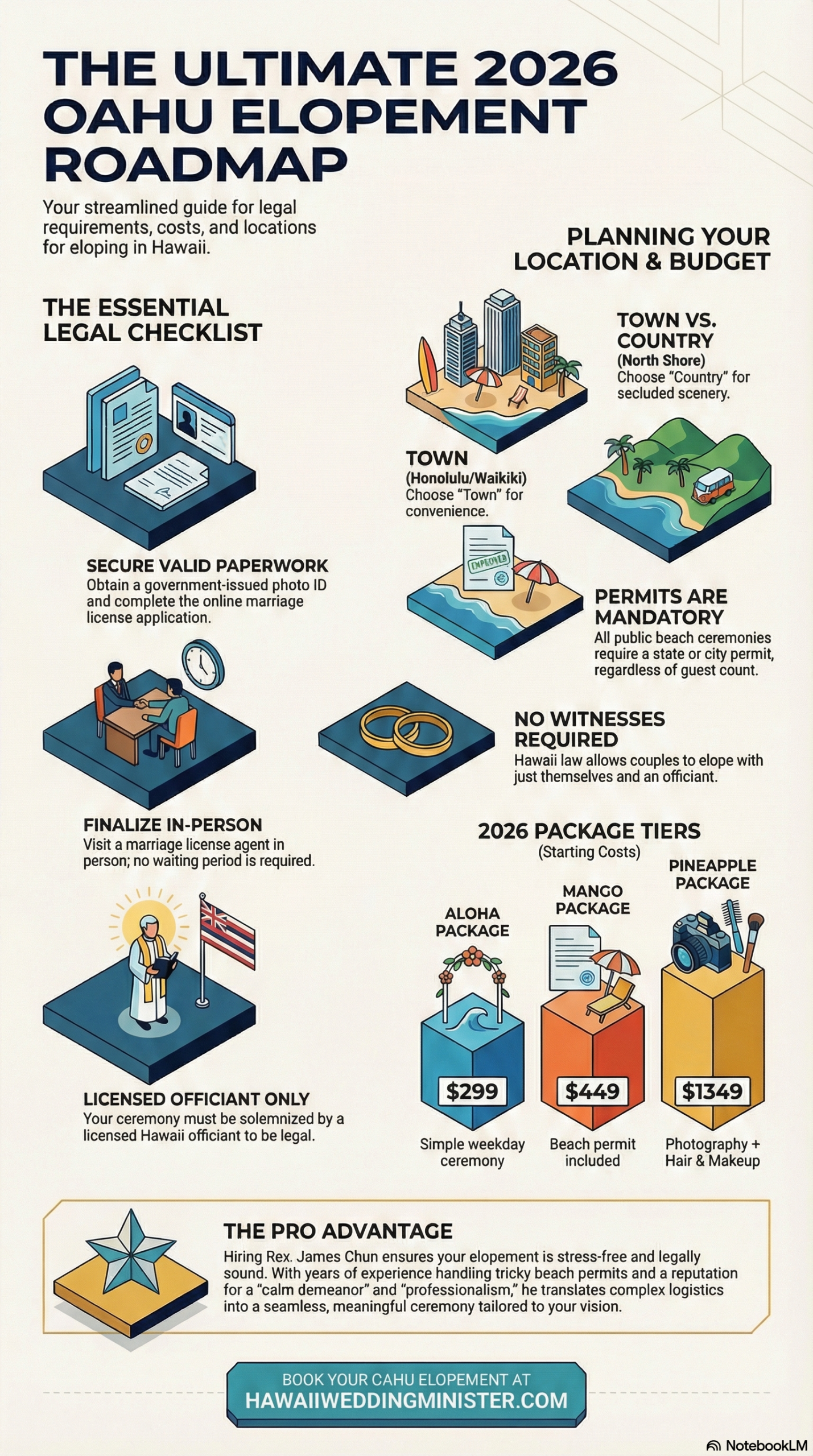 Infographic titled "The Ultimate 2026 Oahu Elopement Roadmap" by HawaiiWeddingMinister.com. It details a three-step legal checklist, location options (Town vs. Country), mandatory permit rules, and three 2026 pricing tiers for eloping in Hawaii starting at $299.