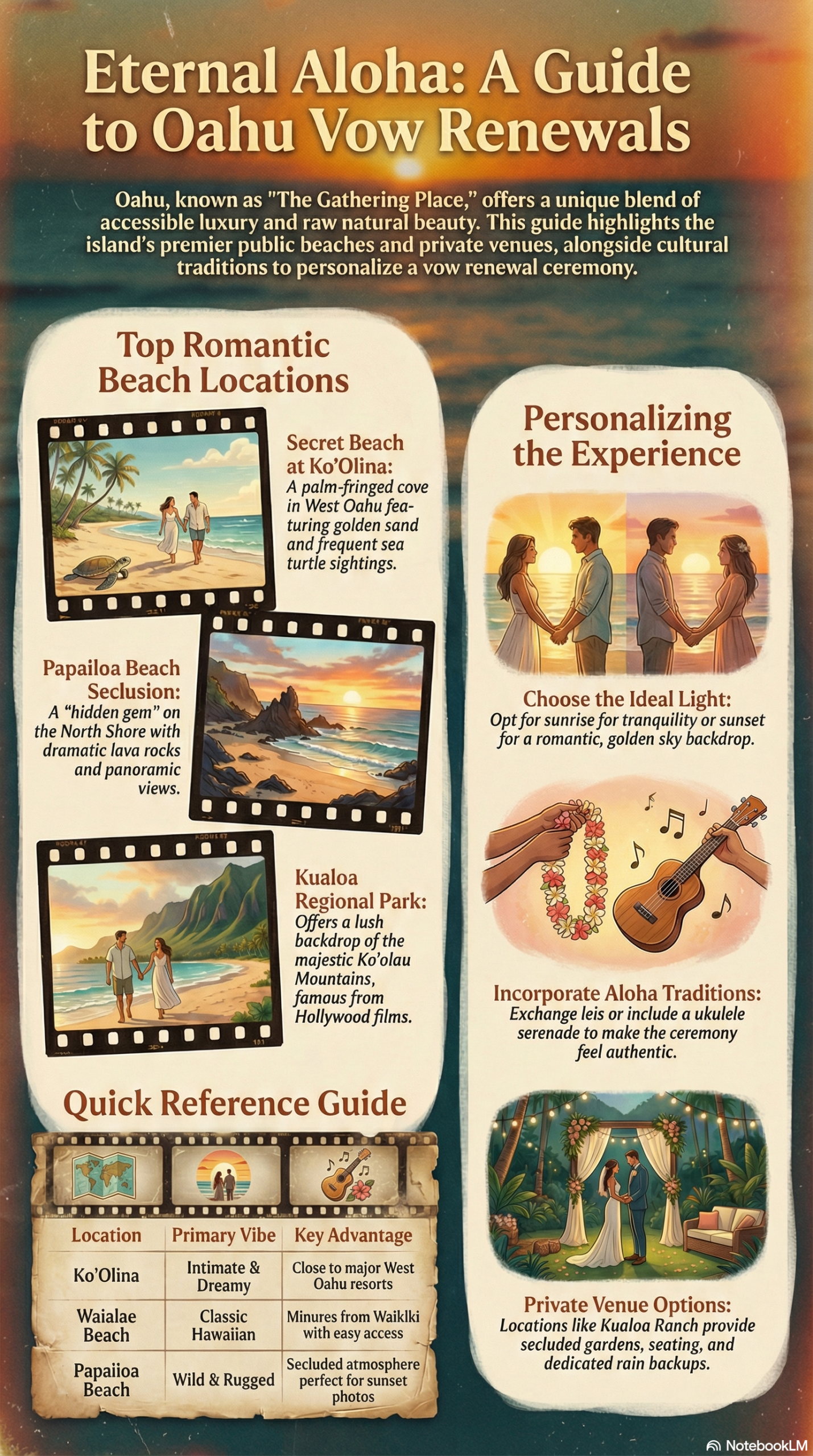 An infographic titled "Eternal Aloha: A Guide to Oahu Vow Renewals" detailing romantic beach locations like Ko'Olina, Papailoa Beach, and Kualoa Regional Park, alongside tips for personalizing ceremonies with Hawaiian traditions, and a quick reference guide comparing beach vibes