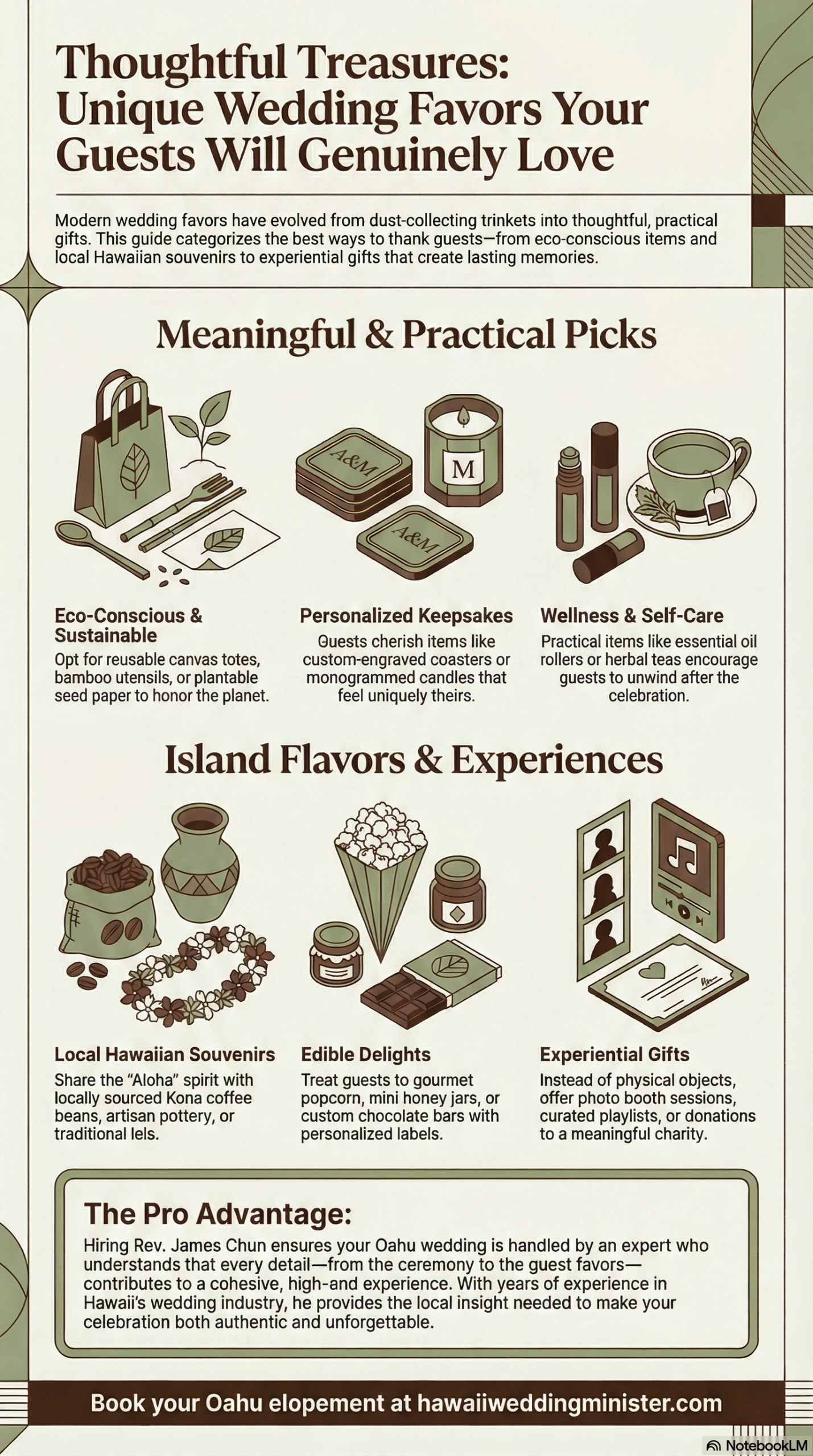 Infographic titled "Thoughtful Treasures: Unique Wedding Favors Your Guests Will Genuinely Love." It features six categories of wedding favors: Eco-Conscious, Personalized Keepsakes, Wellness, Local Hawaiian Souvenirs (Kona coffee, leis), Edible Delights, and Experiential Gifts. The bottom highlights Rev. James Chun for Oahu wedding and elopement services.