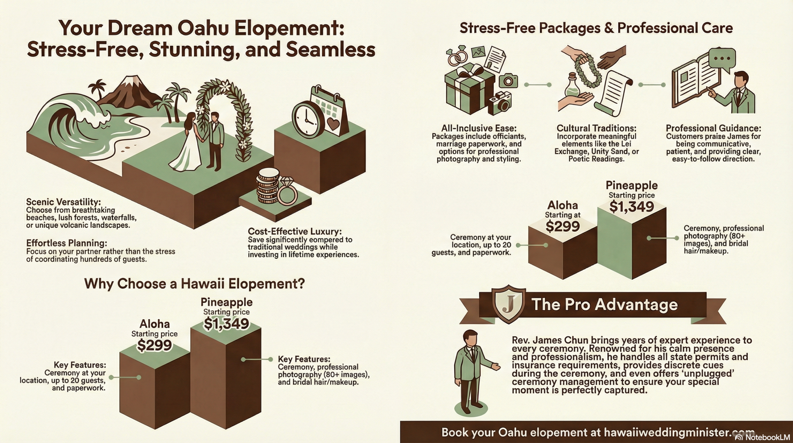 Infographic titled "Your Dream Oahu Elopement: Stress-Free, Stunning, and Seamless" featuring isometric illustrations of a wedding ceremony on a beach. It highlights scenic versatility, all-inclusive packages (Aloha starting at $299, Pineapple starting at $1,349), and professional guidance by Rev. James Chun for elopements on Oahu, Hawaii.