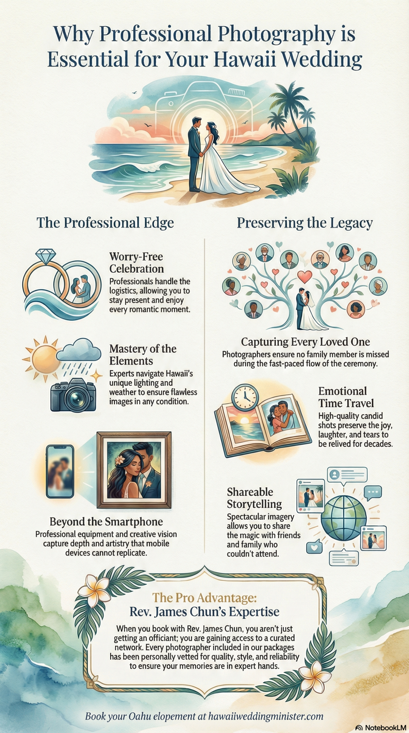 Infographic titled "Why Professional Photography is Essential for Your Hawaii Wedding" featuring reasons to hire a pro, such as mastery of lighting and weather, capturing family legacy, and high-quality storytelling for Oahu elopements. The design includes soft watercolor illustrations of a couple on an Oahu beach, a family tree, and camera equipment.