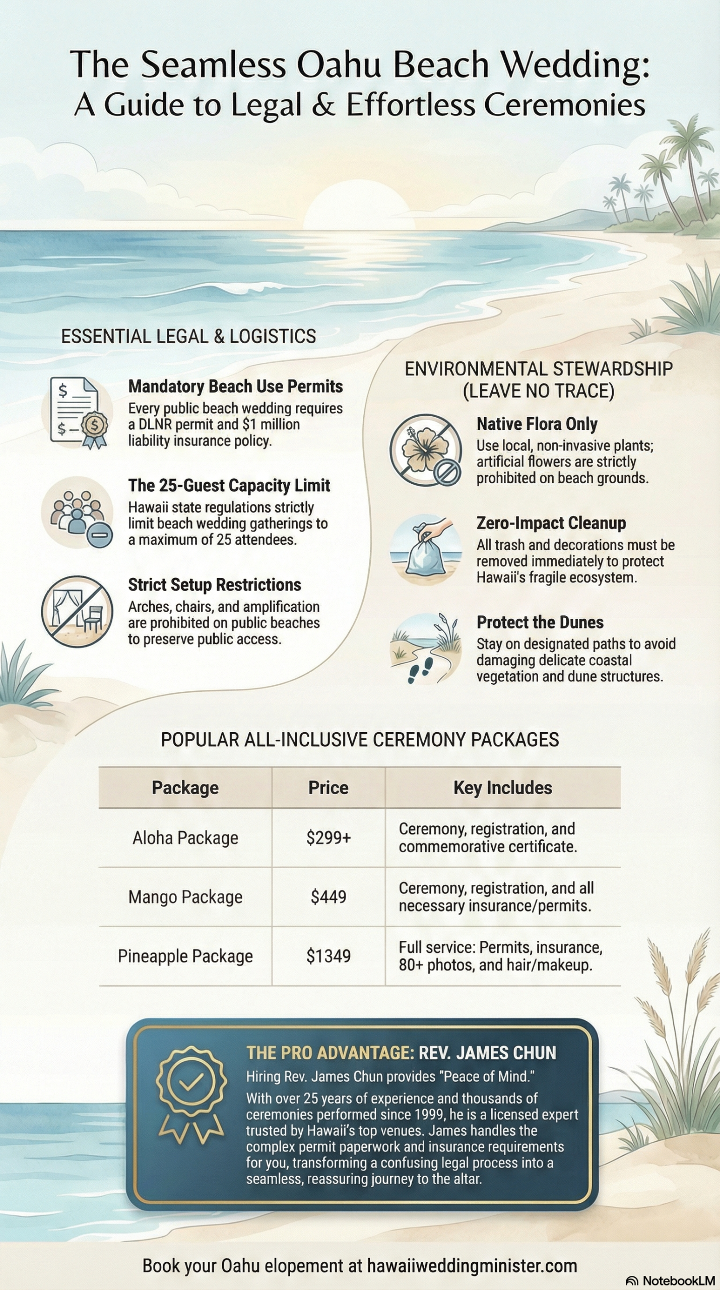 Infographic guide for engaged couples on how to plan a legal beach wedding in Hawaii, featuring a 6-step process for obtaining DLNR permits, liability insurance requirements, guest limit restrictions, and environmental protection guidelines for Oahu ceremonies.