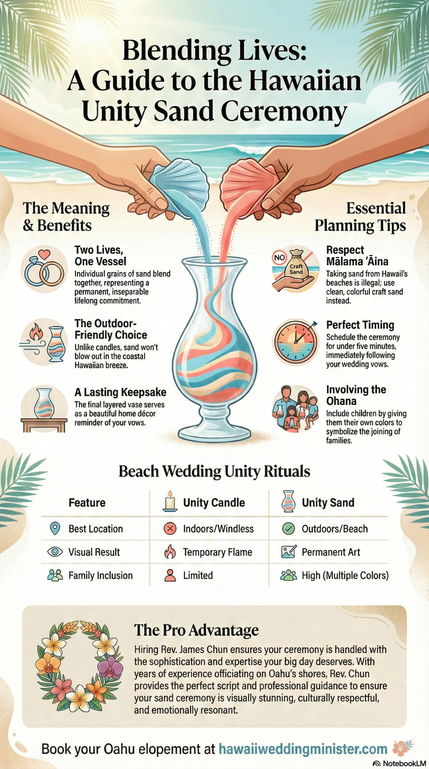 Infographic titled "Blending Lives: A Guide to the Hawaiian Unity Sand Ceremony" for Oahu weddings. It features an illustration of two hands pouring blue and coral sand into a glass vase on a beach. Sections cover meaning and benefits, essential planning tips like using craft sand to respect Hawaii's environment, a comparison table between sand and candle ceremonies, and a call to action for Rev. James Chun’s Oahu elopement services.