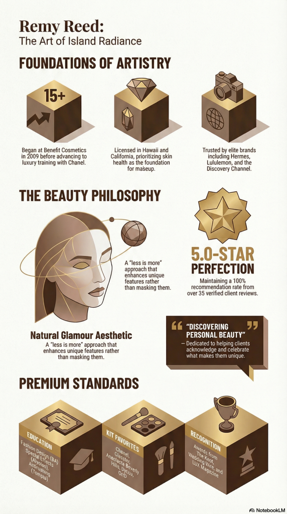 Infographic titled "Remy Reed: The Art of Island Radiance" outlining the credentials of a top Hawaii wedding makeup artist. The visual features gold isometric icons detailing her 15+ years of experience, luxury training with Chanel, and 5-star rating. Key sections include "Foundations of Artistry" (dual licensing, corporate clients like Hermes), "The Beauty Philosophy" (natural glamour, less is more), and "Premium Standards" (special effects education, awards from The Knot and Wedding Wire, and a professional kit featuring brands like Dyson and Oribe).