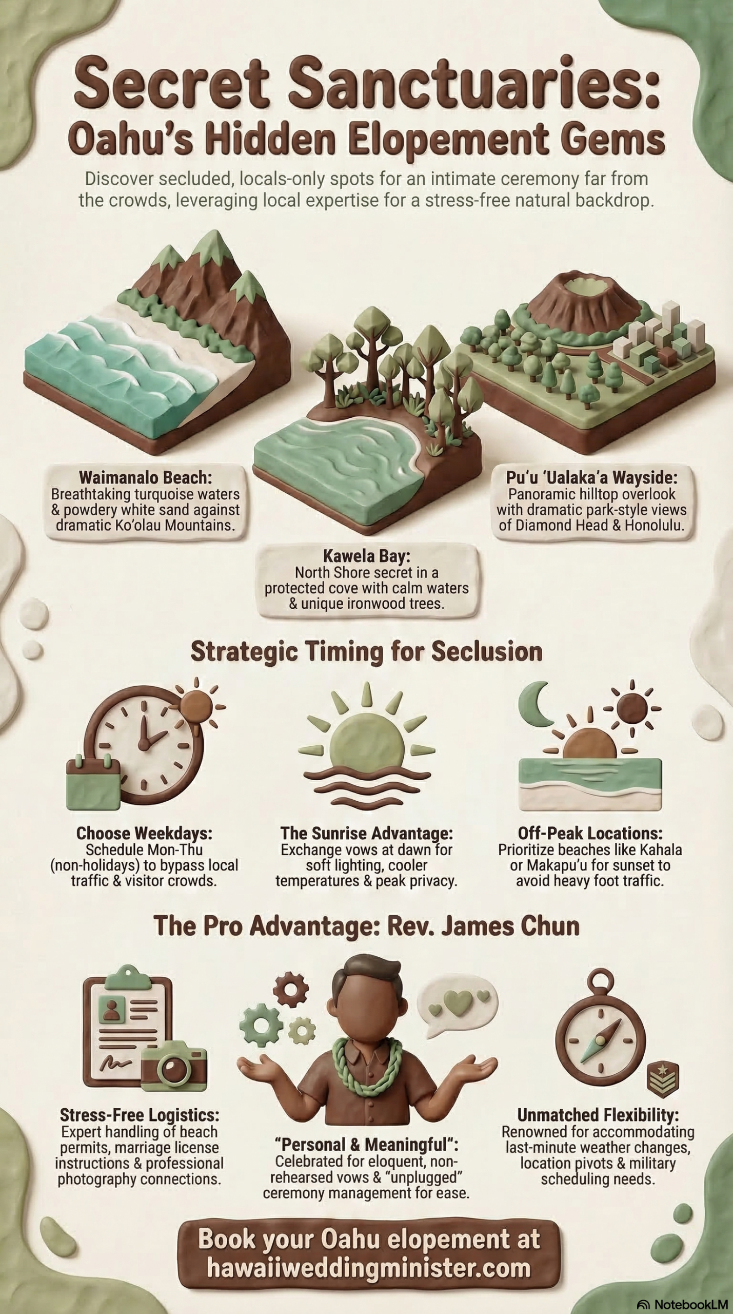 An infographic titled "Secret Sanctuaries: Oahu's Hidden Elopement Gems" featuring 3D clay-style illustrations of secluded Hawaii wedding locations, strategic timing tips, and the benefits of hiring an expert officiant