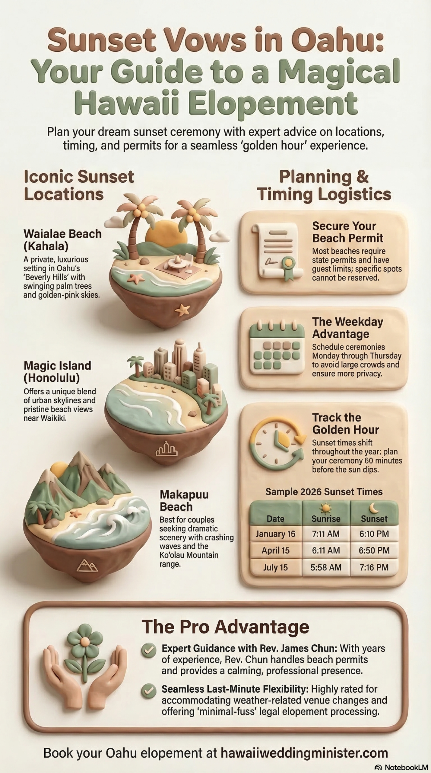 3D-style infographic titled "Sunset Vows in Oahu" providing expert advice for Hawaii beach elopements. It features icons of Waialae Beach, Magic Island, and Makapuu Beach, alongside tips for securing beach permits, choosing weekdays for privacy, and tracking golden hour with a 2026 sunset time table.