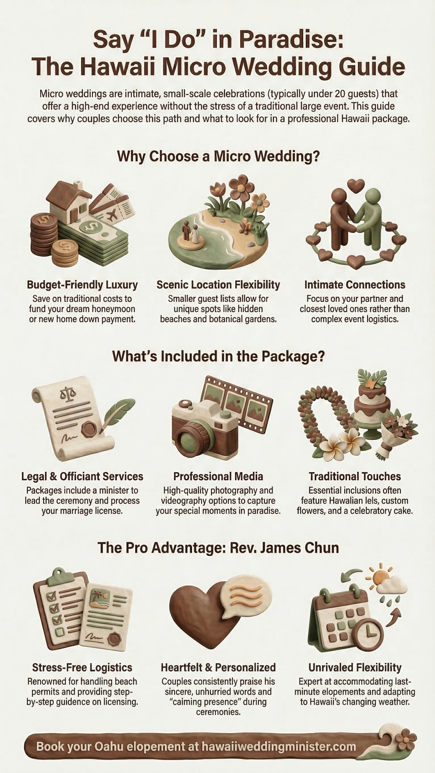 Infographic titled "The Hawaii Micro Wedding Guide" by Rev. James Chun, featuring 3D clay-style illustrations detailing the benefits, inclusions, and professional services for intimate Oahu elopements