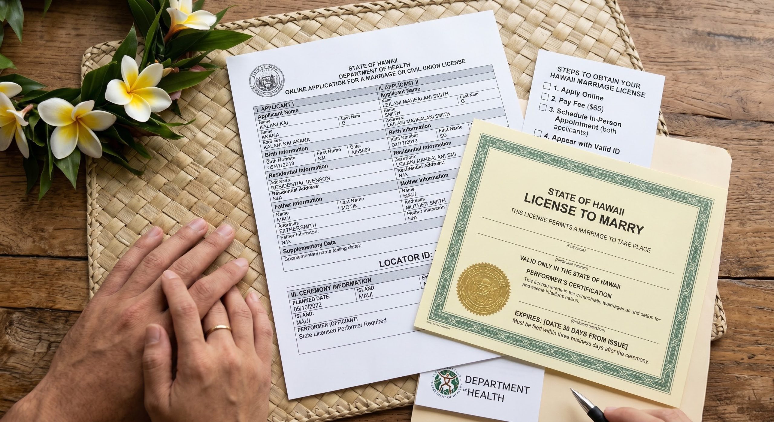 Official Hawaii marriage license application on a desk