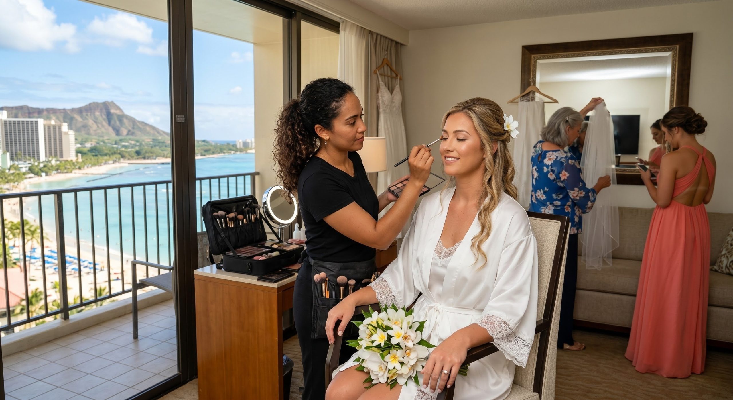 Professional makeup artist preparing a bride for a Hawaii elopement.
