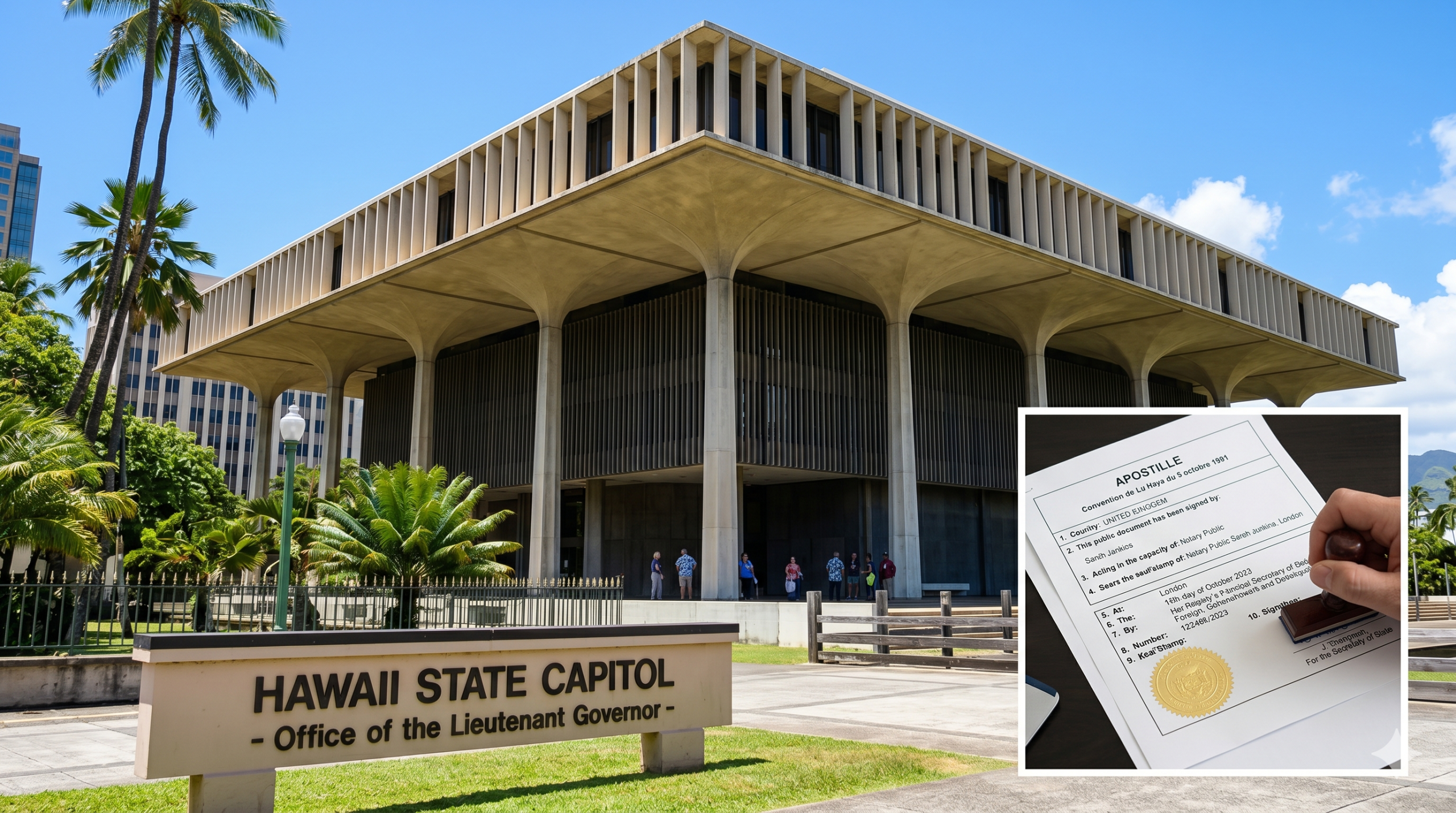 The Hawaii State Capitol building where Apostilles are finalized in Honolulu.