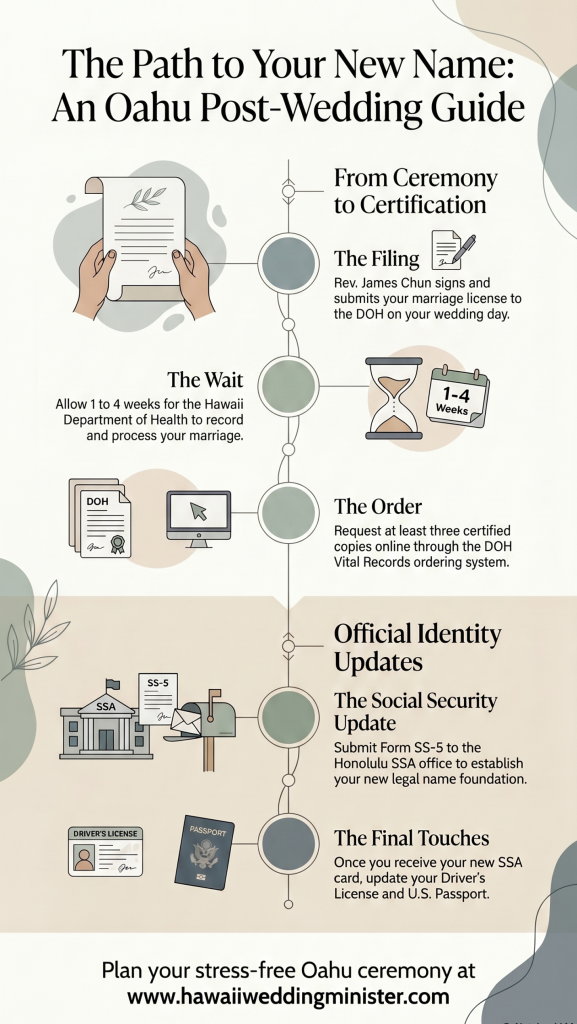 Modern minimalist infographic titled 'The Path to Your New Name' outlining the 5-step process to obtain a Hawaii Marriage Certificate and complete a name change on Oahu, featuring filing steps by Rev. James Chun