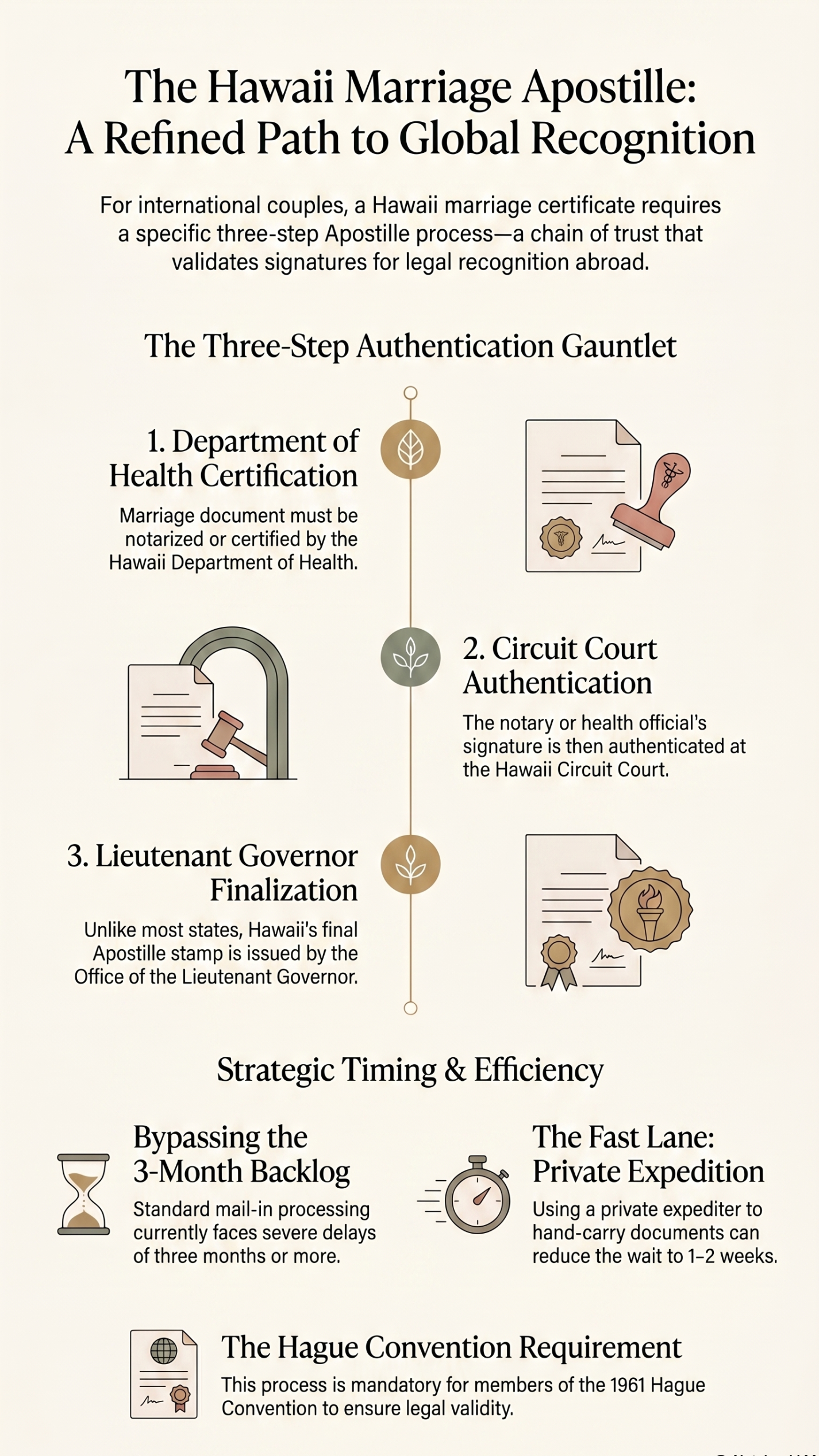 Infographic showing the 3-step Hawaii Marriage Apostille process: Department of Health certification, Circuit Court authentication, and Lieutenant Governor certification for international wedding recognition