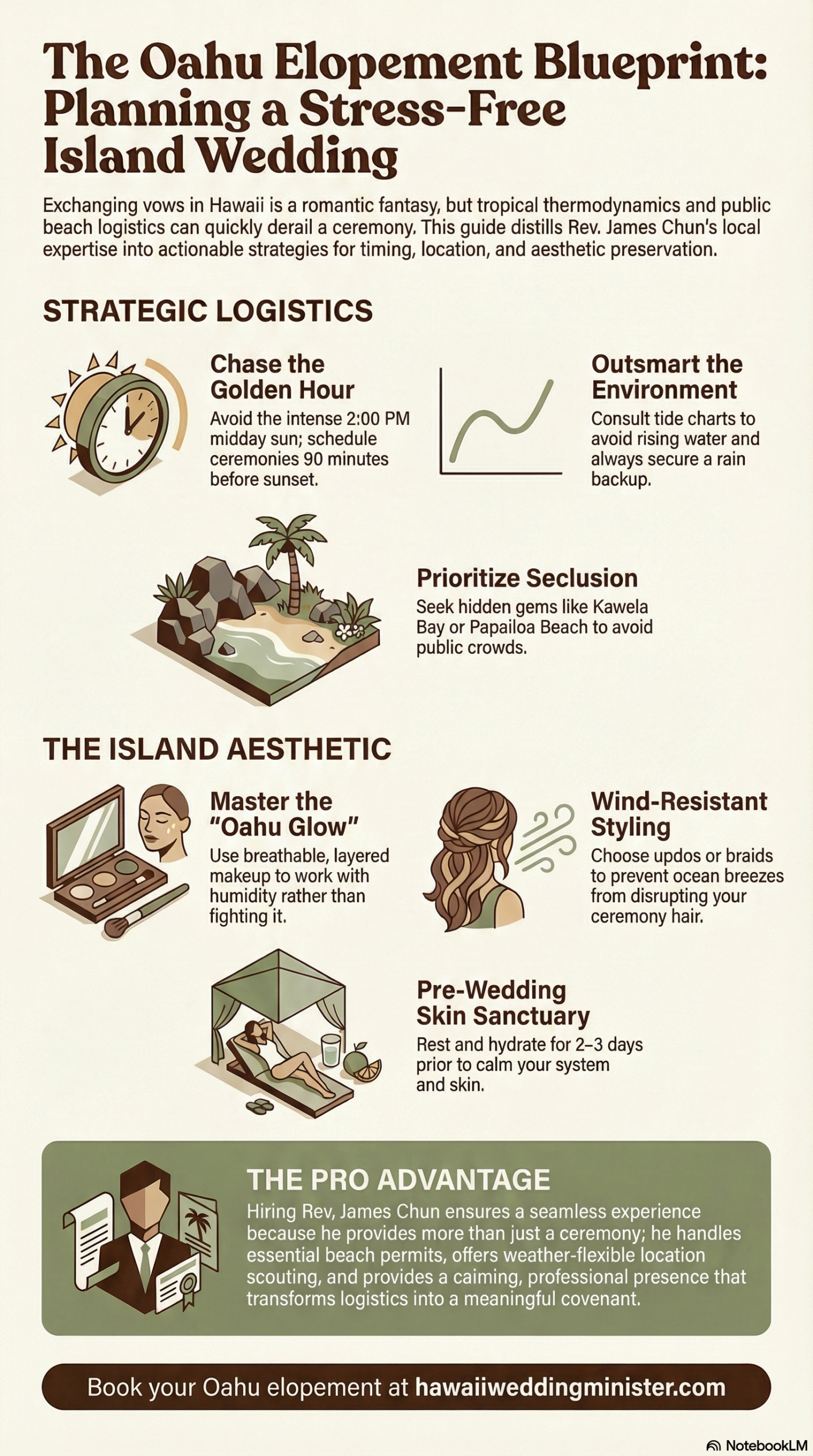 ALT Text:Infographic titled 'The Oahu Elopement Blueprint: Planning a Stress-Free Island Wedding' by Rev. James Chun, outlining tips on logistics, aesthetic, and expert help for a Hawaiian beach ceremony.