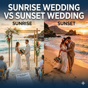 A split-screen 1:1 image titled "SUNRISE WEDDING VS SUNSET WEDDING". The left side features a bright morning beach ceremony on Oahu's East Side under a floral bamboo arch. The right side features a couple embracing during a vibrant orange and pink sunset on Oahu's South Shore.