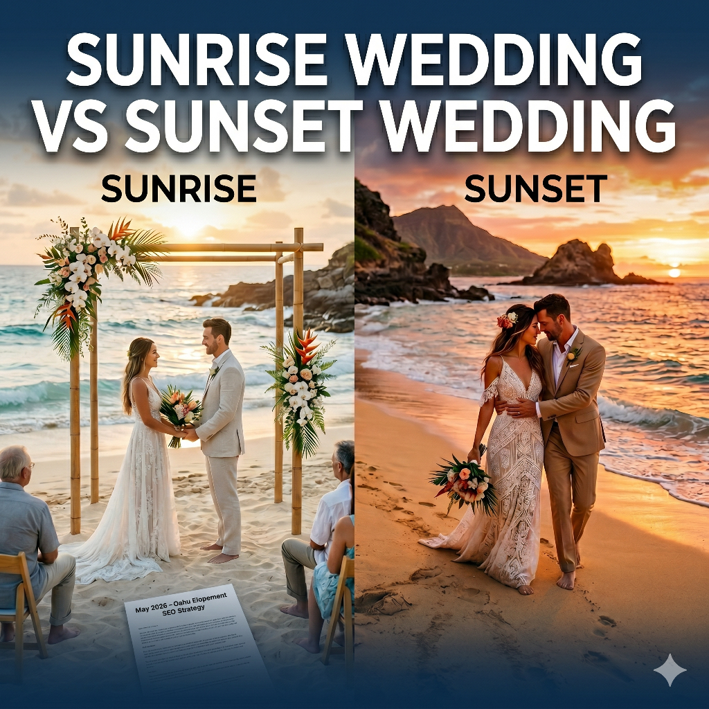 A split-screen 1:1 image titled "SUNRISE WEDDING VS SUNSET WEDDING". The left side features a bright morning beach ceremony on Oahu's East Side under a floral bamboo arch. The right side features a couple embracing during a vibrant orange and pink sunset on Oahu's South Shore.