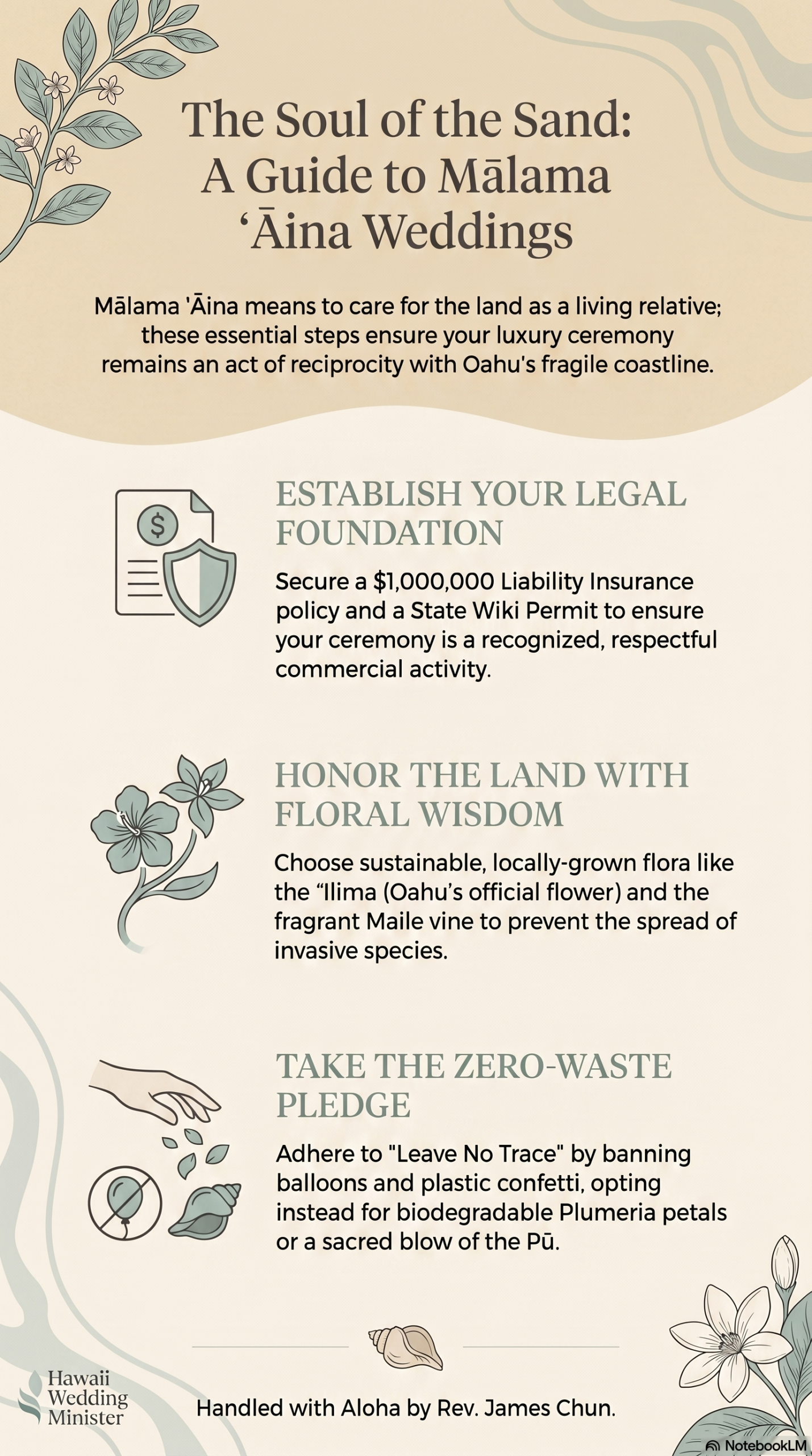 A minimalist checklist for an eco-friendly wedding in Hawaii on Oahu, detailing Rev. James Chun's process for securing $1M liability insurance, State Wiki Permits, and choosing native Maile and 'Ilima flowers.