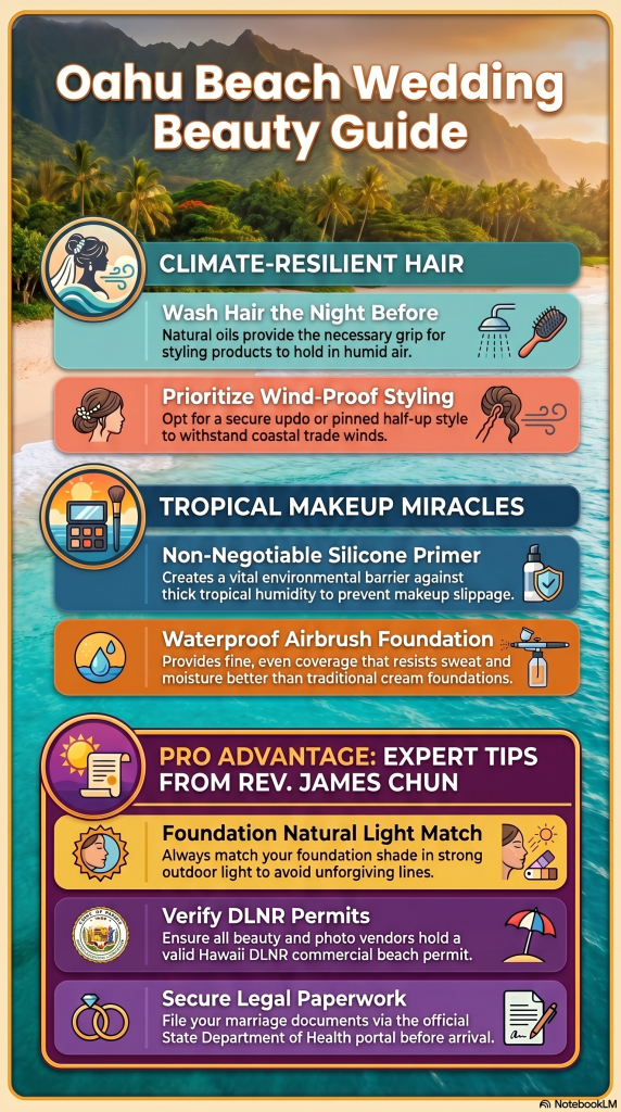 Neo-retro infographic outlining an Oahu beach wedding hair and makeup guide, featuring climate-resilient bridal styling tips, trade wind updos, and expert wedding compliance advice from Rev. James Chun.