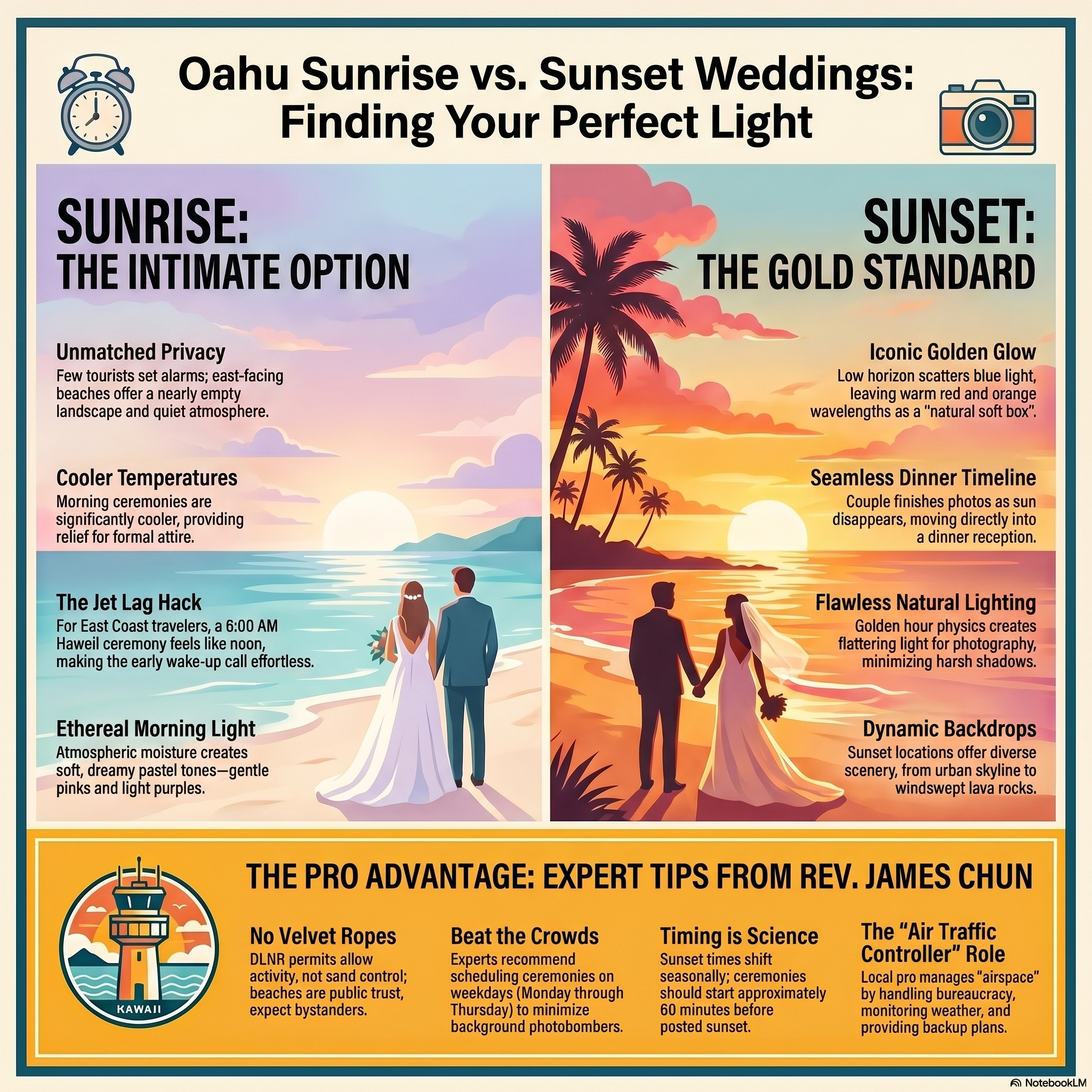 Neo-retro comparison infographic of Oahu sunrise vs sunset beach weddings, outlining Hawaii DLNR permit rules, Bishop Museum sunset timing data, the jet lag timeline hack, and expert elopement planning tips from Reverend James Chun of Hawaii Wedding Studio