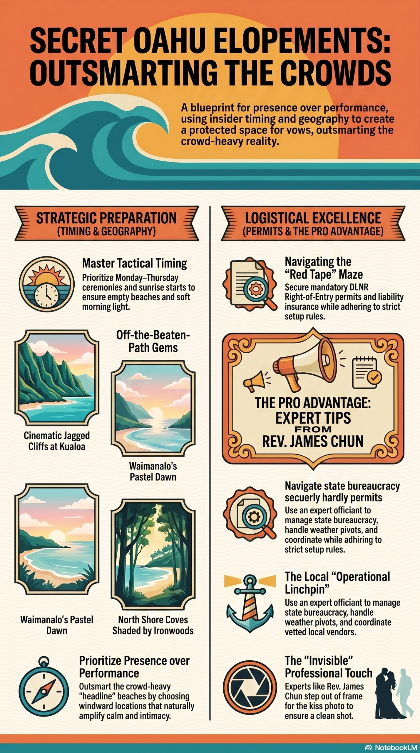 A bold Neo-Retro infographic guide for a secret Oahu wedding elopement titled "Secret Oahu Elopements: Outsmarting the Crowds," featuring tactical timing tips, permit requirements, hidden beach locations like Kualoa and Waimanalo, and expert officiating advice from Rev. James Chun.