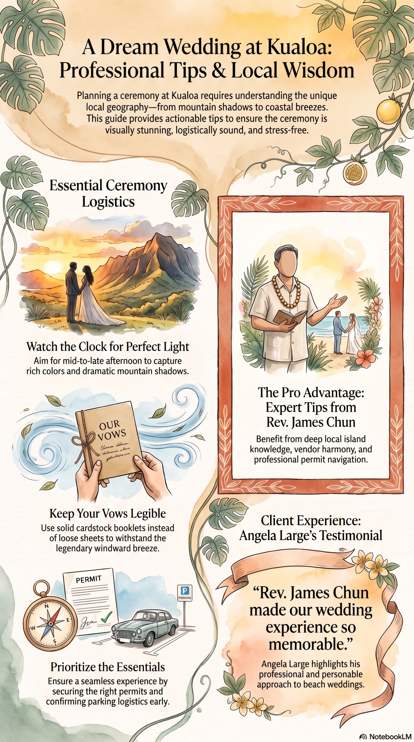 Boho-Chic tropical wedding planning infographic with earthy terracotta, sage green, and sunset gold hues, decorated with watercolor monstera leaves and lilikoi blooms. The graphic outlines essential Kualoa wedding ceremony pro-tips: "Watch the Clock" for afternoon lighting, "Keep Your Vows Legible" for windward breezes, a local vendor spotlight on Rev. James Chun, and a testimonial from Angela Large praising her beach wedding experience