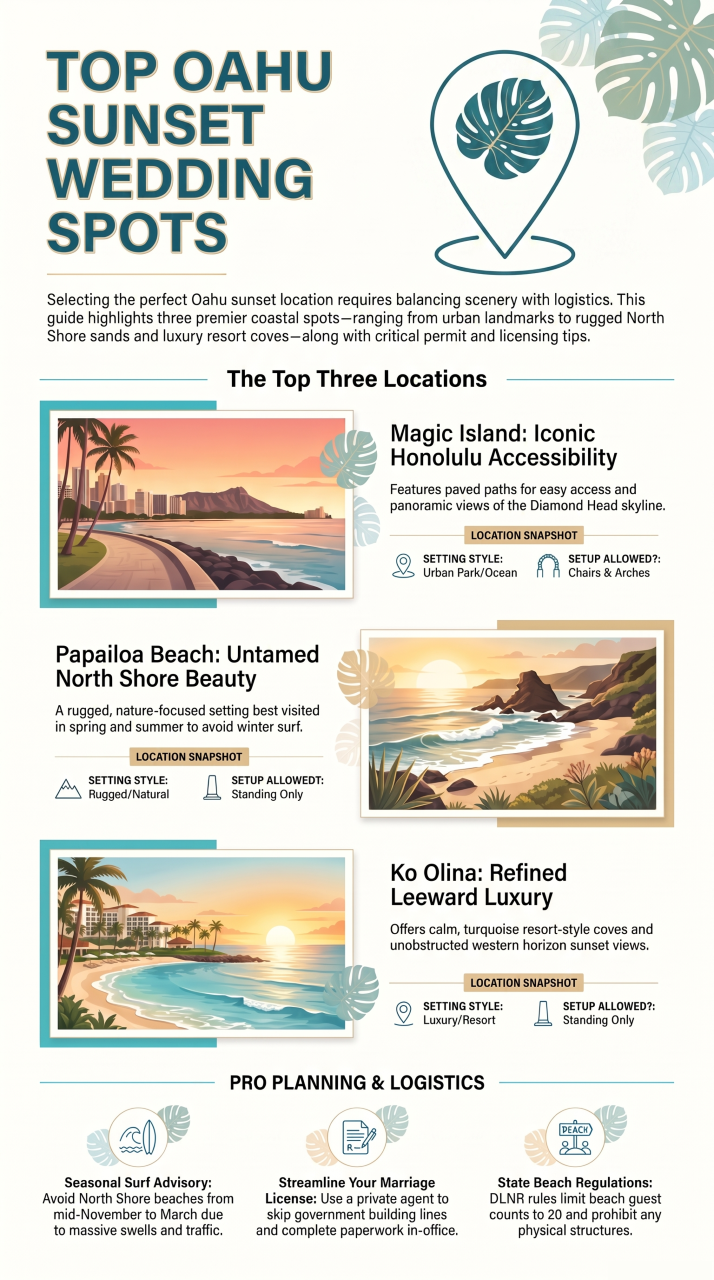 Infographic guide to the best sunset wedding locations on Oahu comparing Magic Island, Papailoa Beach, and Ko Olina with permit and setup rules