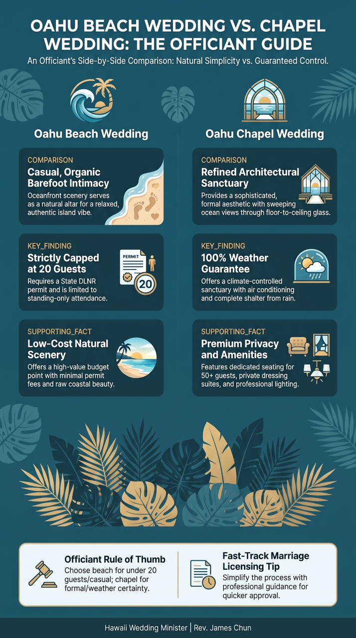An infographic by Hawaii Wedding Minister Rev. James Chun comparing Oahu beach weddings and chapel weddings across guest capacity, atmosphere, weather control, and licensing tips