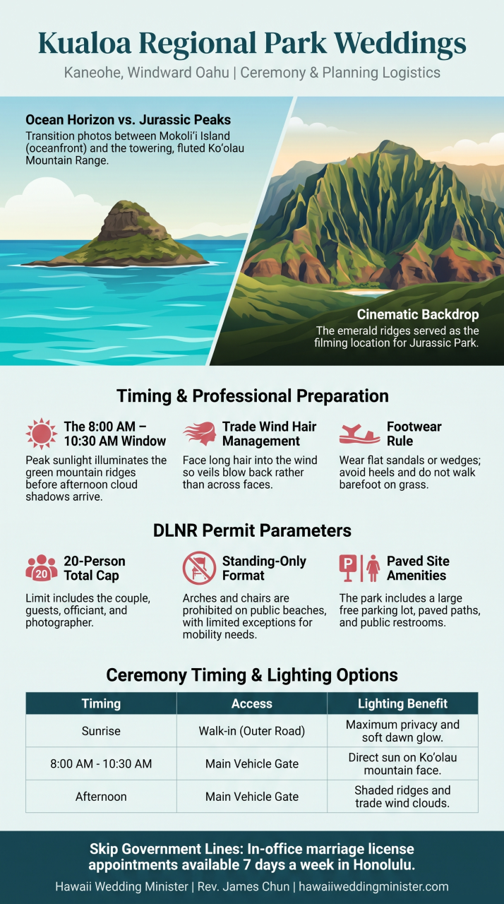 Infographic guide for Kualoa Regional Park weddings covering lighting windows, trade winds, footwear rules, and DLNR permit parameters.